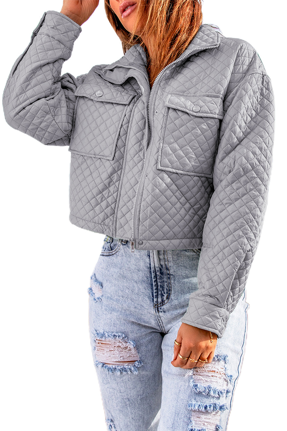 Graue gesteppte jacke mit geteiltem reißverschluss