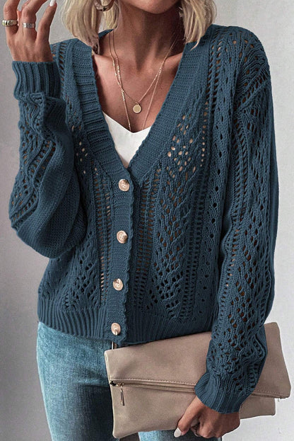 Real teal open knit drop shoulder pullover cardigan