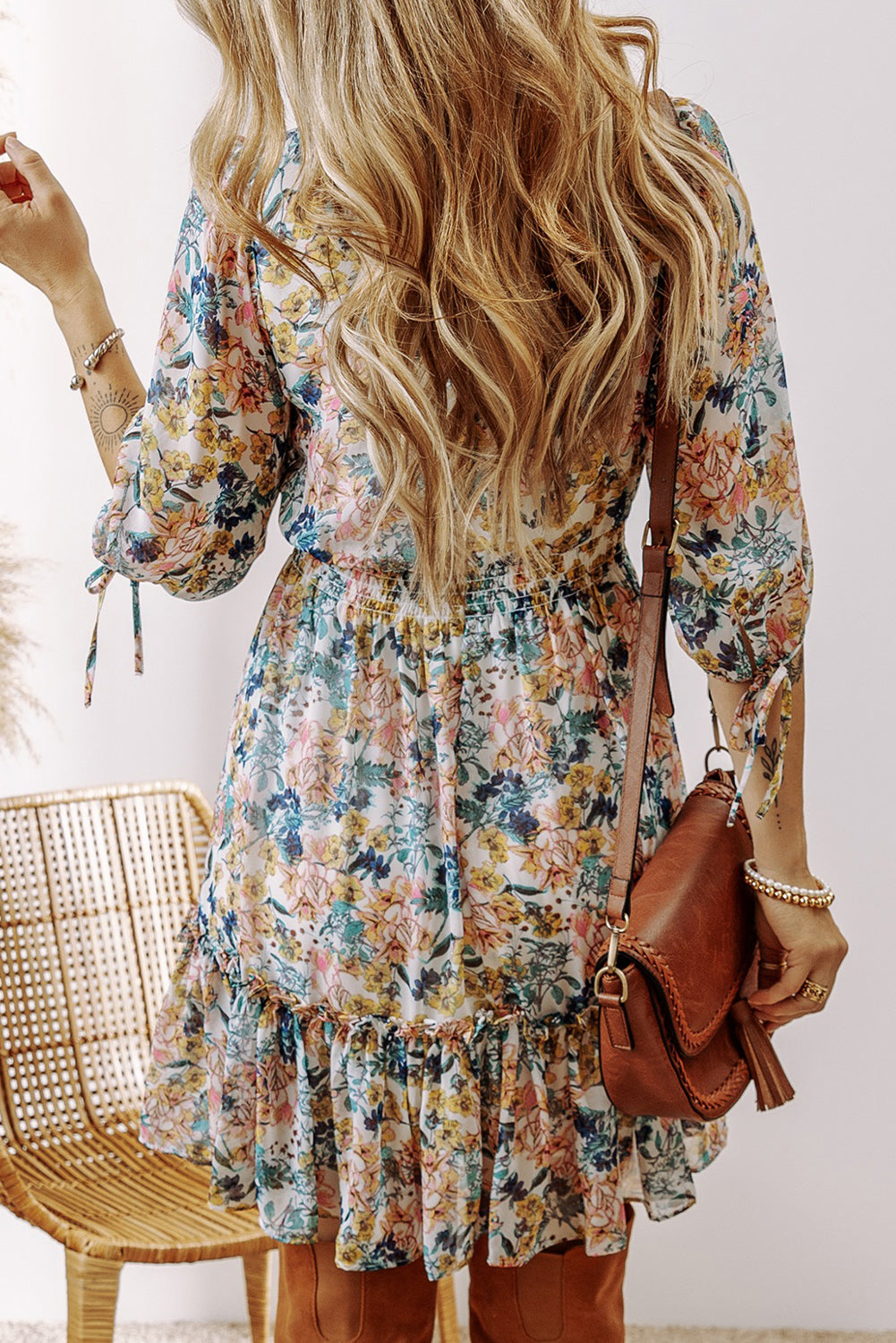 Himmelblau floral 3/4 ärmel v-ausschnitt hohe taille gerafftes kleid