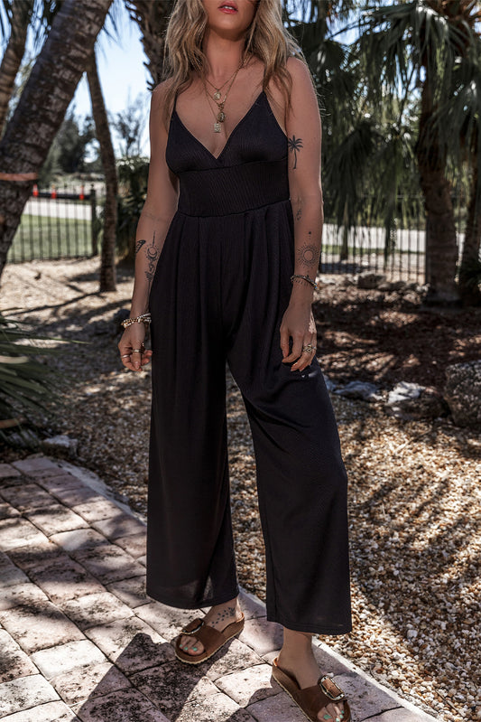 Schwarzes weites bein mit hoher taille sexy v-ausschnitt cami jumpsuit