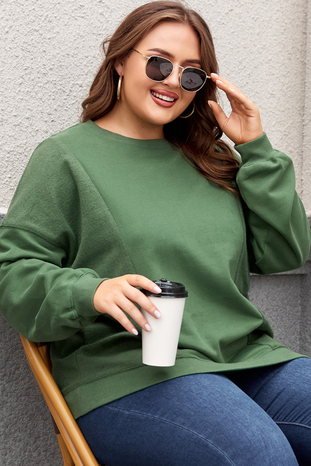 Grünes Sweatshirt Damen in Übergröße mit Rundhalsausschnitt Damen