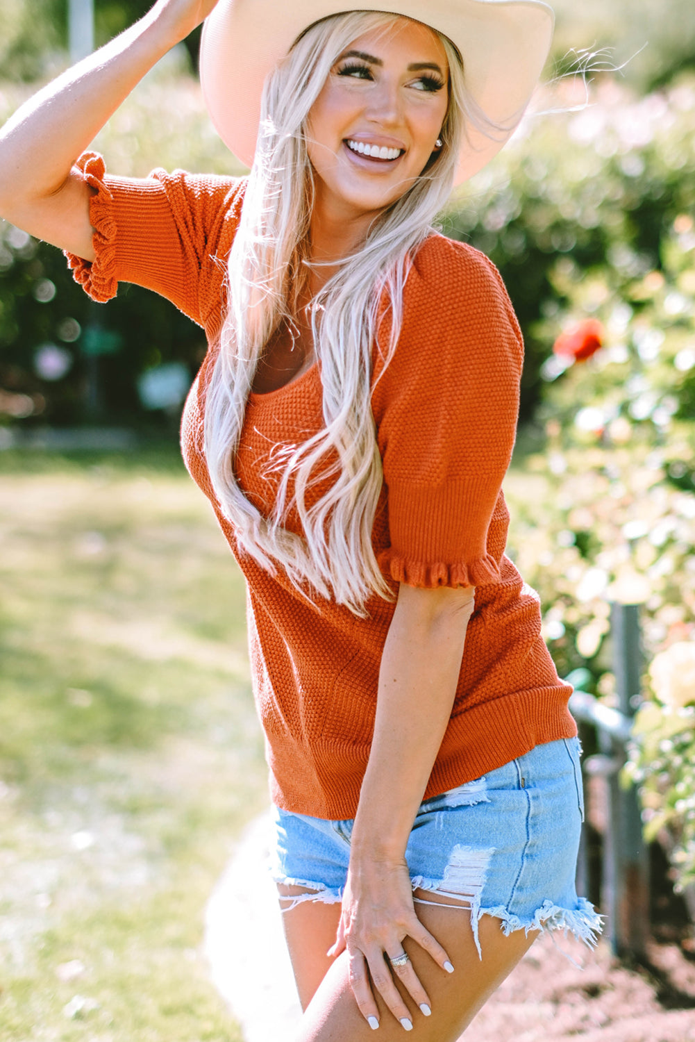 Gold flame textured knit bubble sleeve square neck top