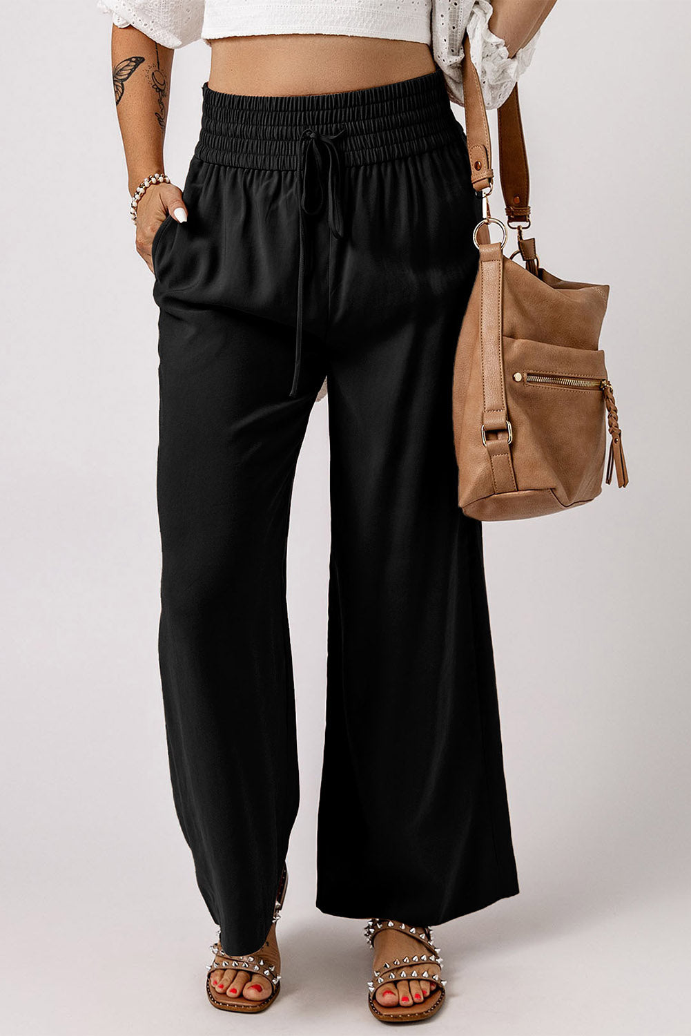 Schwarzer kordelzug elastische taille lässige hose mit weitem bein
