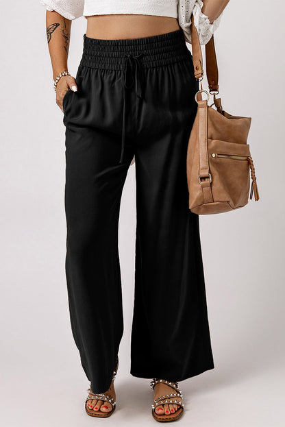 Schwarzer kordelzug elastische taille lässige hose mit weitem bein