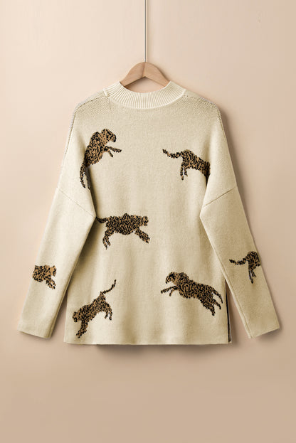 Pergament lebendiger geparden-print pullover mit hohem ausschnitt und geteiltem saum
