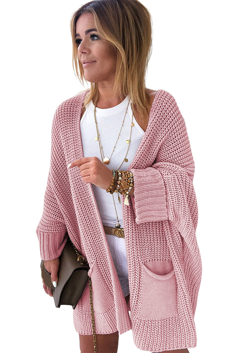 Rosa übergroßer pullover mit umgeschlagenen ärmeln cardigan