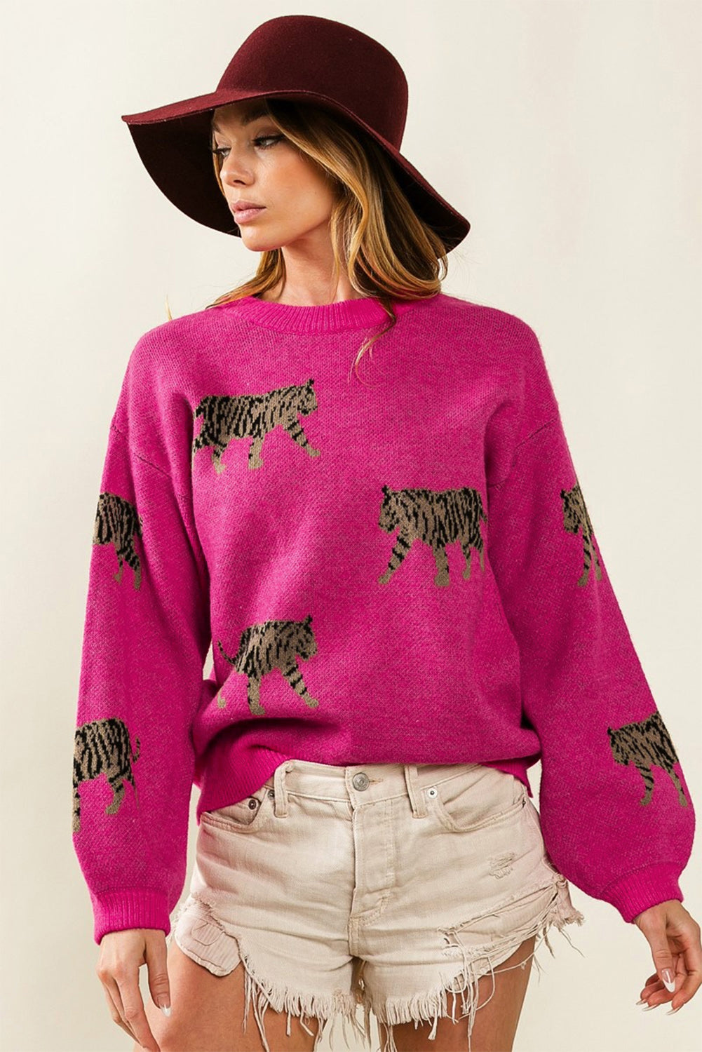 Rose rot fierce animal pattern casual pullover gestrickt