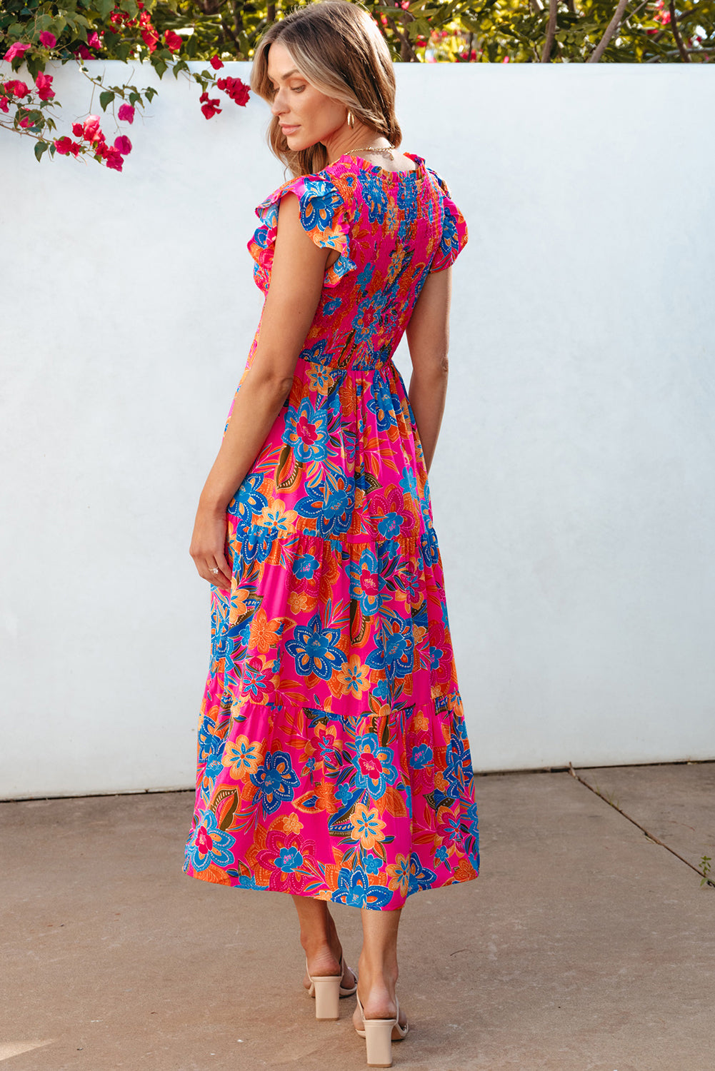 Rosenrot boho floral v-ausschnitt rüschen gestreift langes kleid