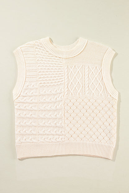 Beigefarbener kabelstrick pullover mit armlöchern, tank