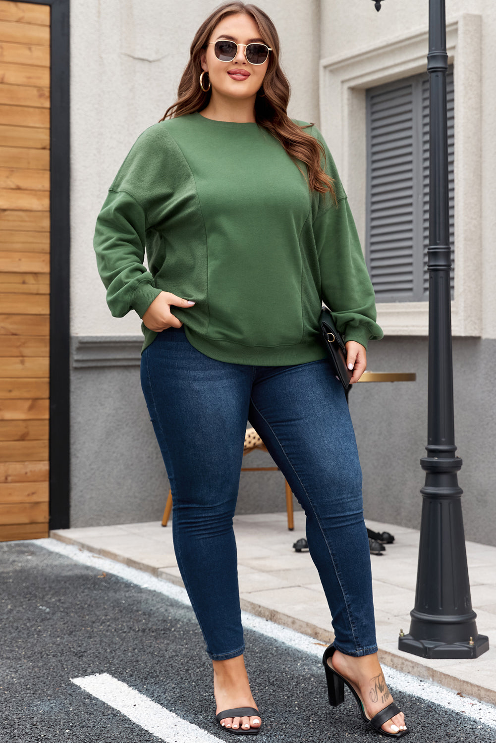 Grünes Sweatshirt Damen in Übergröße mit Rundhalsausschnitt Damen