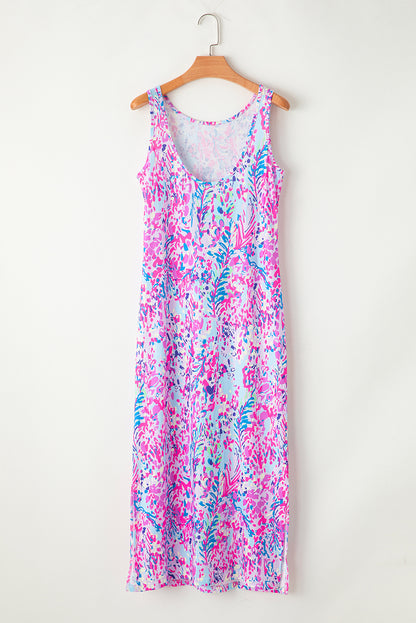 Lila abstrakter Blumendruck ärmelloses Maxikleid