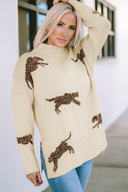 Pergament lebendiger geparden-print pullover mit hohem ausschnitt und geteiltem saum