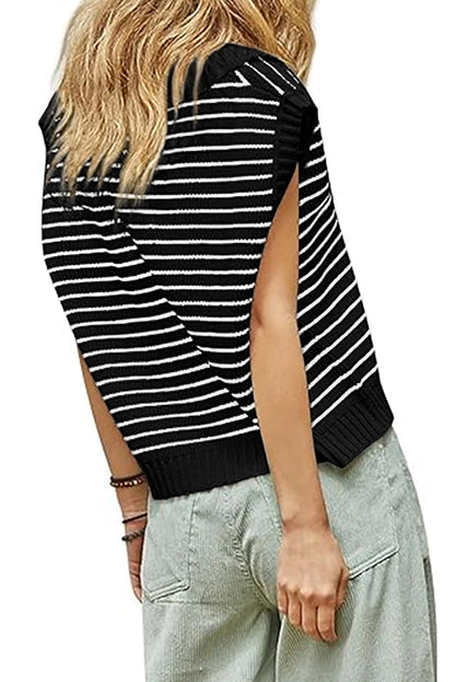 Schwarz gestreiftes pullover-tank-top mit v-ausschnitt