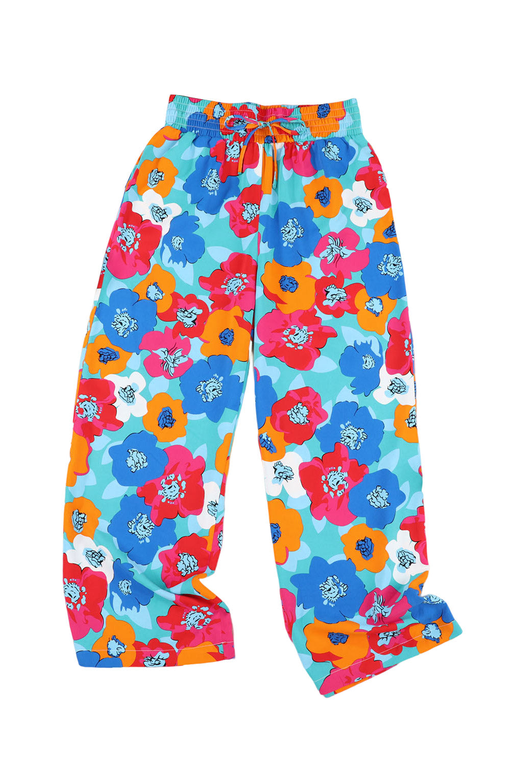 Mehrfarbige abstrakte florale druck kordelzug breite taille hose