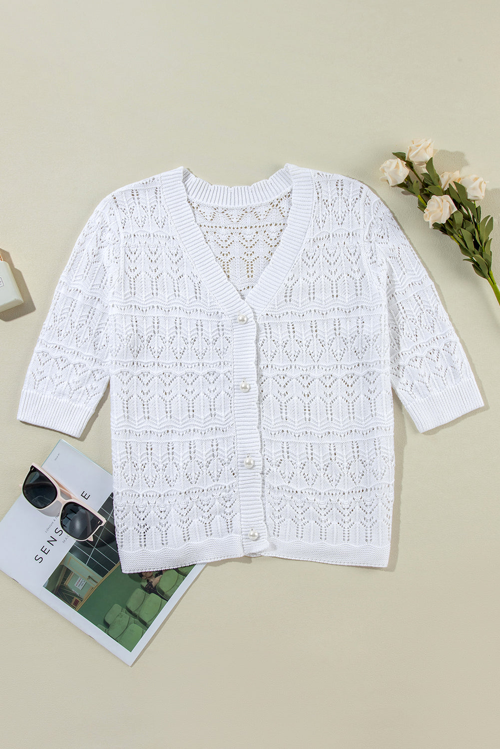 Weißer frenchy hollow out strickcardigan mit v-ausschnitt