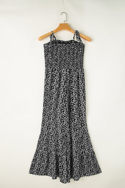 Schwarzer schmaler riemen gesmokter mieder weites bein floraler jumpsuit