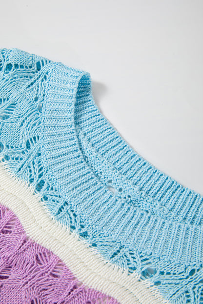 Lila streifen farbe block hollow out crochet halbe ärmel pullover