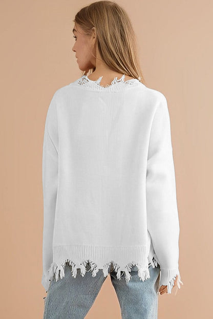 Weißer ausgefranster pailletten-tiger-pullover