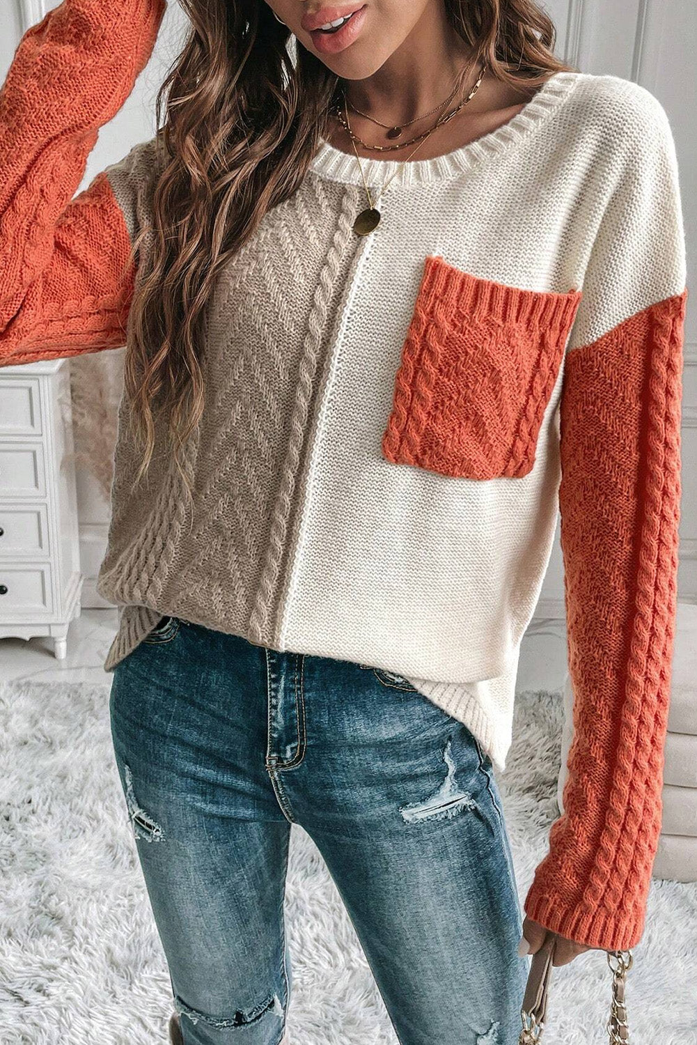 Gold flame colorblock pullover mit aufgesetzten taschen und schultertaschen