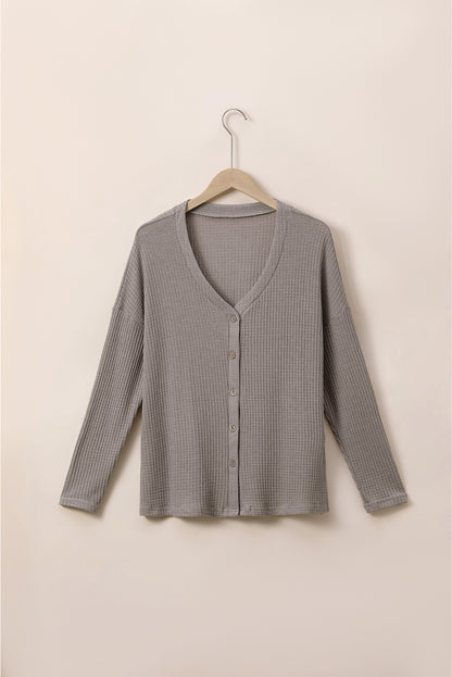 Simply taupe waffle knit drop shoulder knopf v-ausschnitt plus größe top