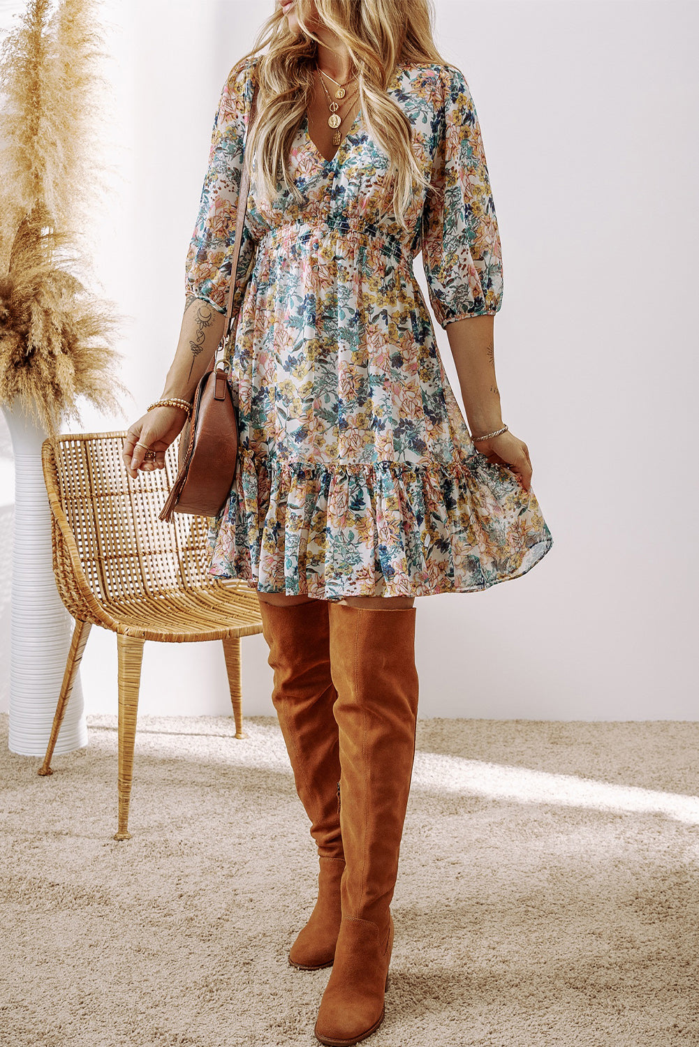 Himmelblau floral 3/4 ärmel v-ausschnitt hohe taille gerafftes kleid