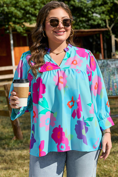 Hellblau plus größe floral print notched v neck babydoll bluse
