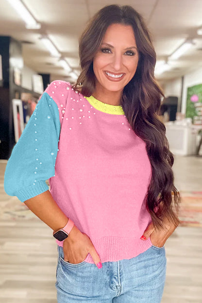 Rosenroter colorblock pullover mit rundhalsausschnitt und halben ärmeln mit perlen