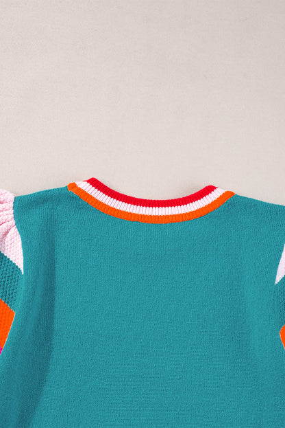 Türkis kontrast flatterärmel gestrickt pullover t shirt