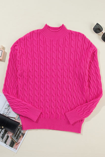 Rose red solid kabel stricken hohen hals drop shoulder pullover