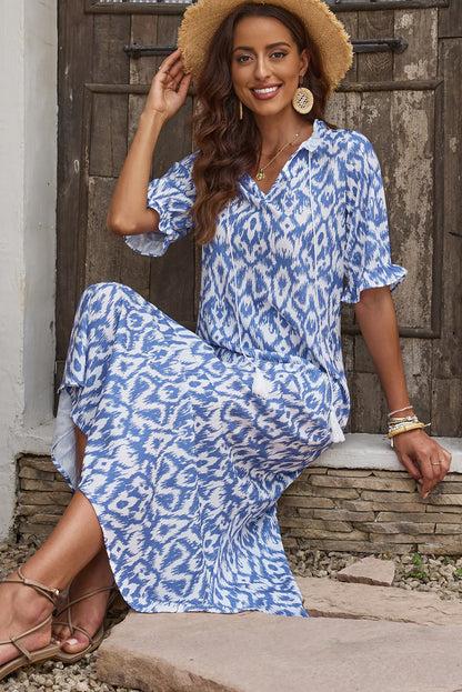 Himmelblau V-Ausschnitt Casual Geometric Print Maxikleid
