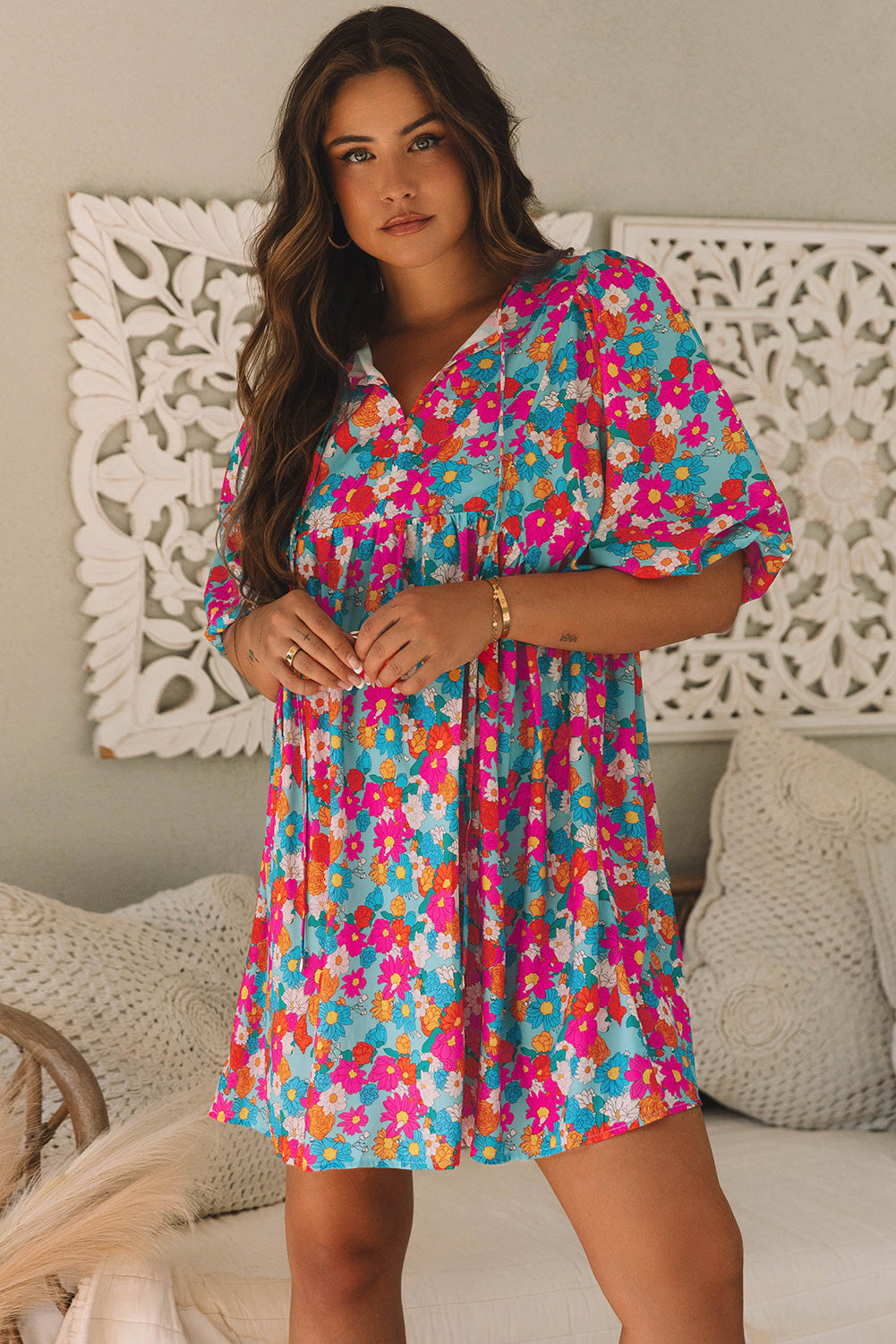 Himmelblau floral print krawatte split neck bubble sleeve babydoll kleid