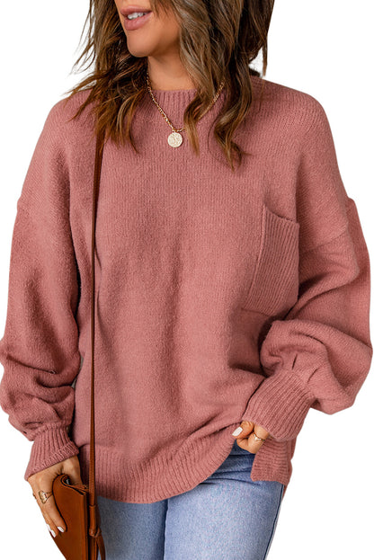 Unifarbener pullover mit puffärmeln und taschen