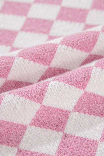 Rosa karierter knöpfe kragen v-ausschnitt drop shoulder pullover