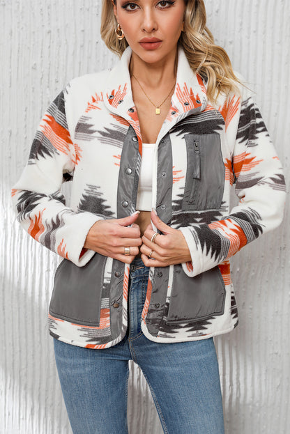 Mehrfarbige azteken fleece patchwork jacke mit druckknöpfen