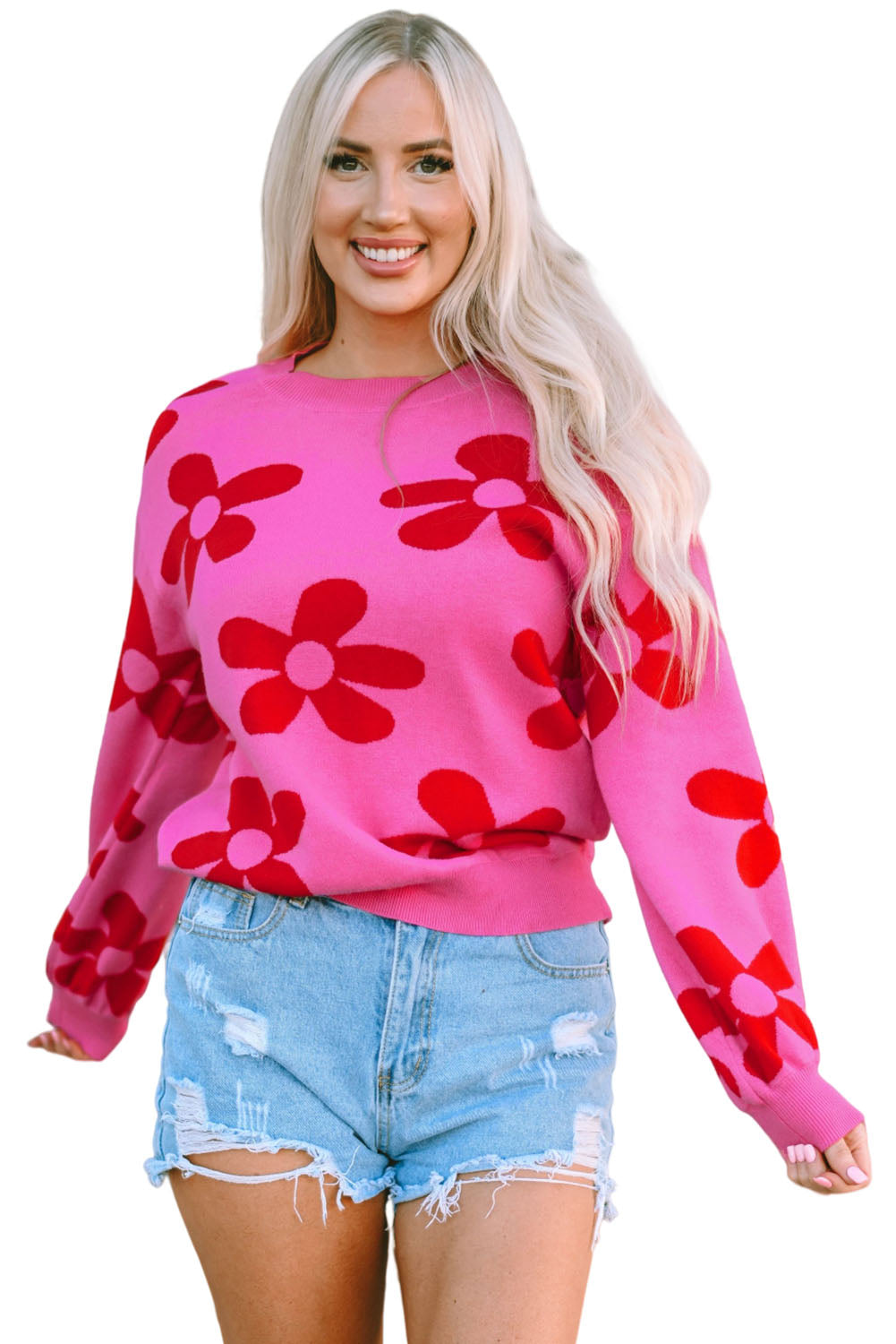 Rose big flower strickpullover mit gerippten abschlüssen