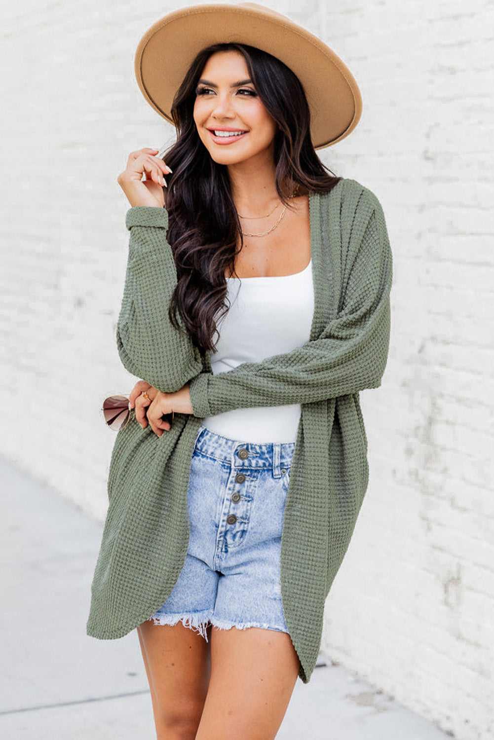 Laurel grüner waffelstrick cardigan mit offener front