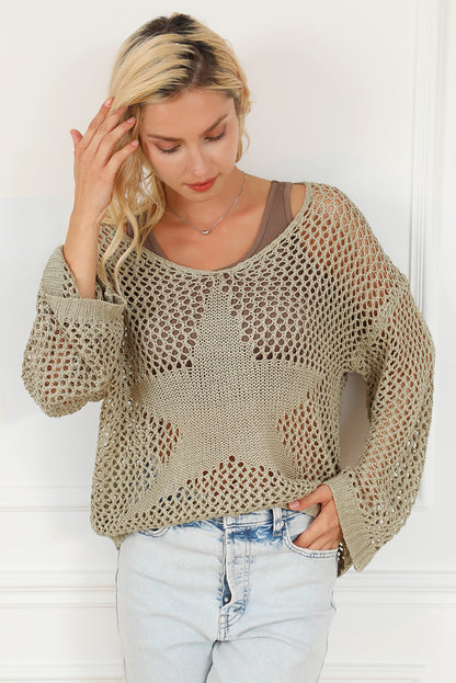 Light french beige star pointelle knit baggy sweater