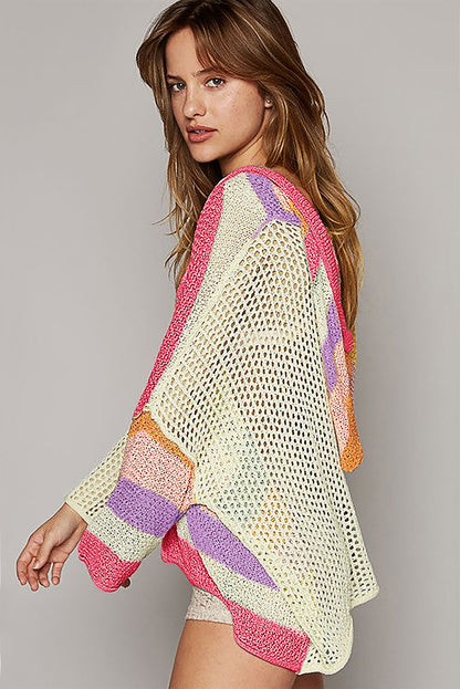 Rosa übergroßer colorblock-pullover mit v-ausschnitt und kapuze