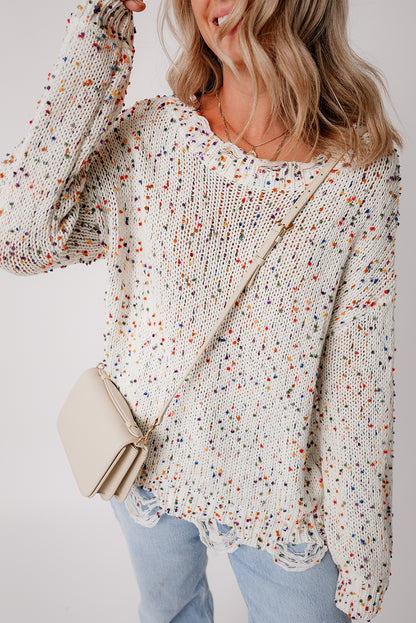 Weißer bunter konfetti distressed strickpullover