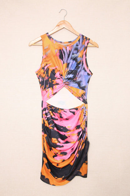 Mehrfarbig tie-dye print hollow out twist bodycon mini dress