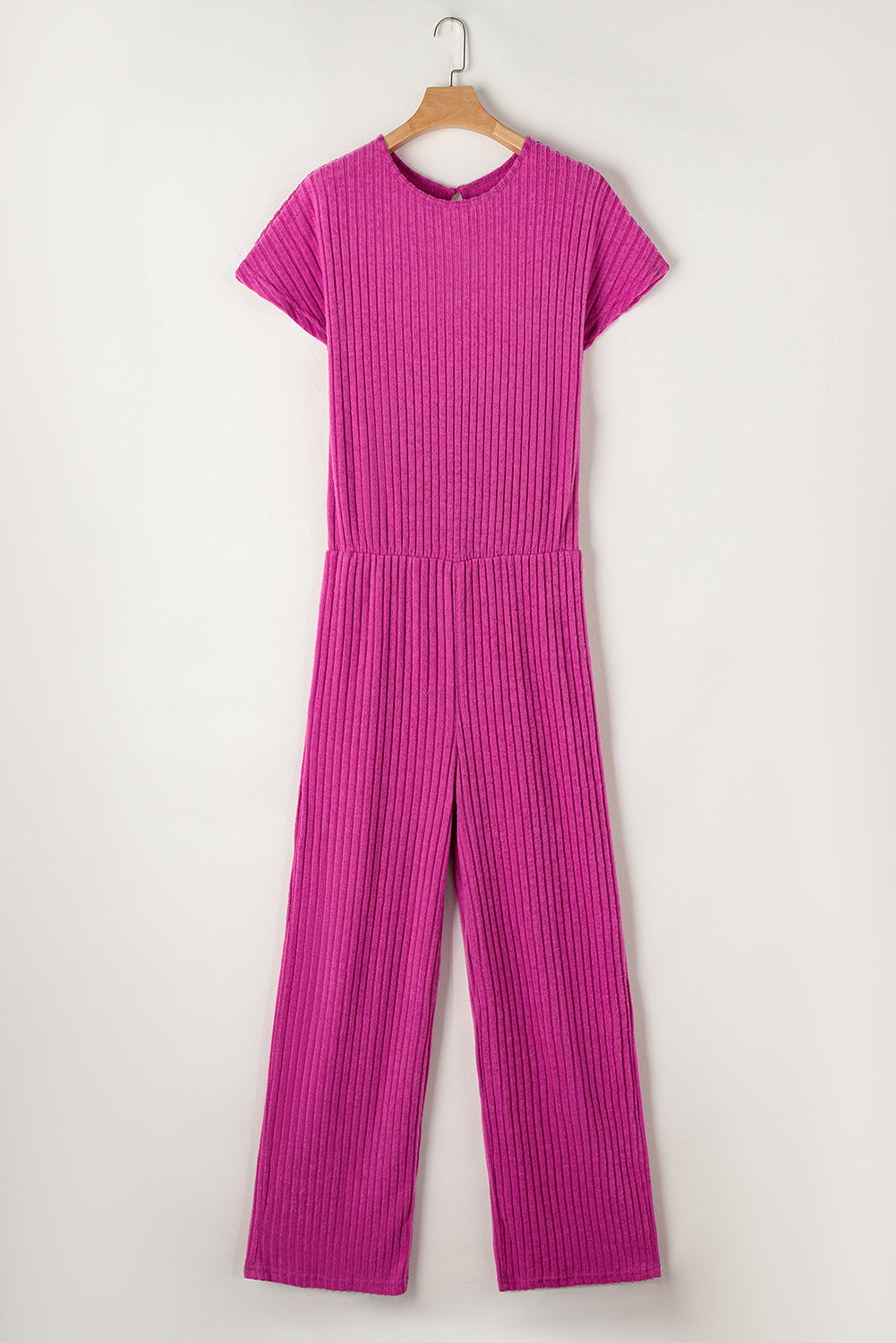 Rose rot volltonfarbe gerippt kurzarm weites bein jumpsuit