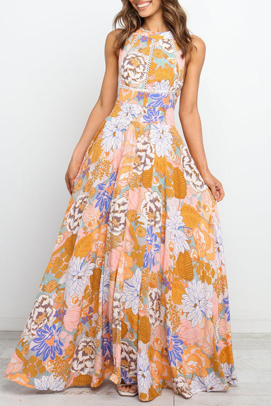 Orange boho floral rückenfreie spitze ärmelloses maxikleid