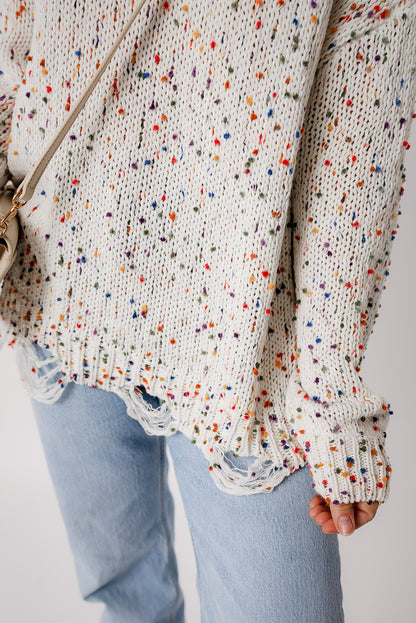 Weißer bunter konfetti distressed strickpullover