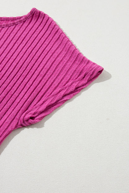 Rose rot volltonfarbe gerippt kurzarm weites bein jumpsuit