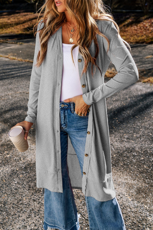 Grauer gerippter, geteilter duster cardigan mit knopfleiste