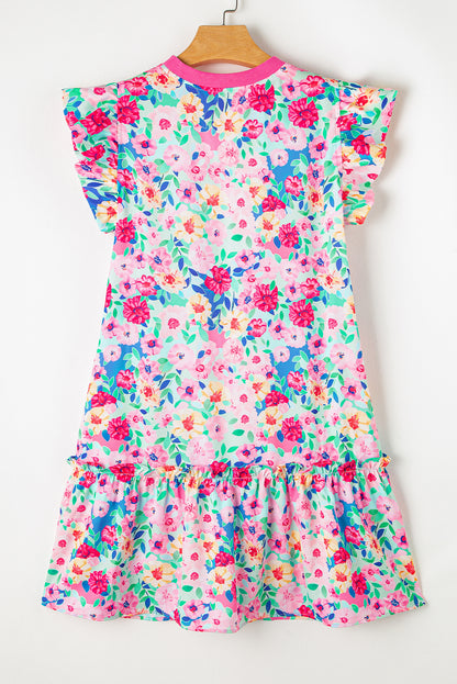 Multicolour floral print flatterärmel gerafftes minikleid