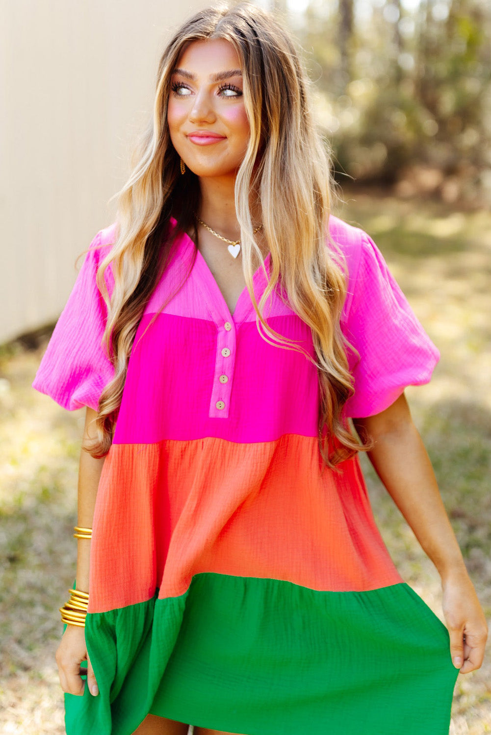 Multicolor color block tiered puff sleeve kleid