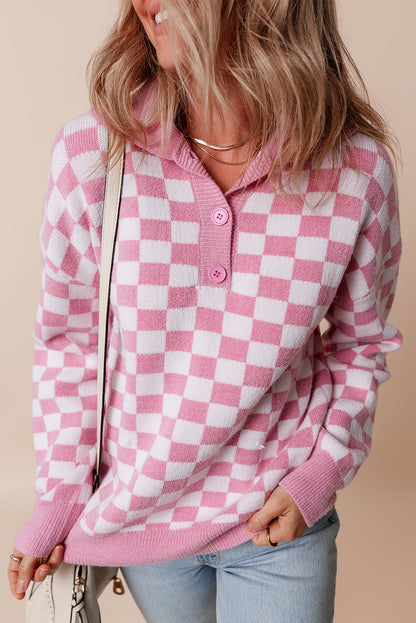 Rosa karierter knöpfe kragen v-ausschnitt drop shoulder pullover