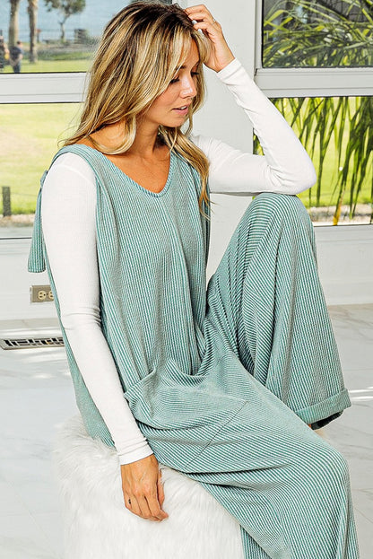 Moonlight jade kordelzug riemen v-ausschnitt weites bein jumpsuit