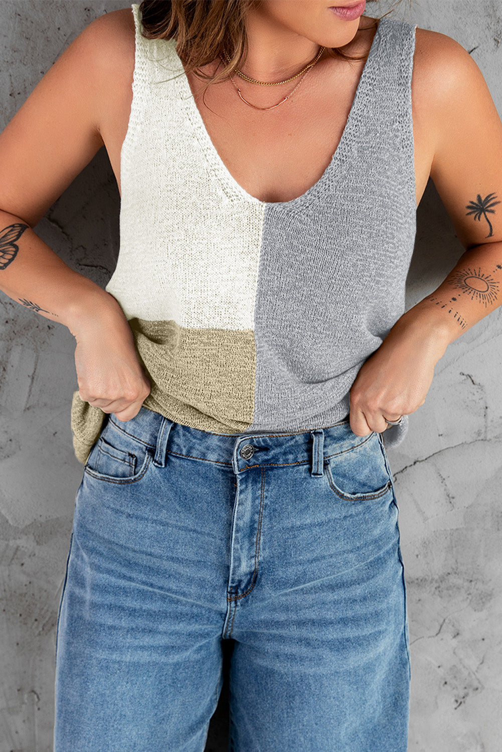 Graues farbblock-strick-top